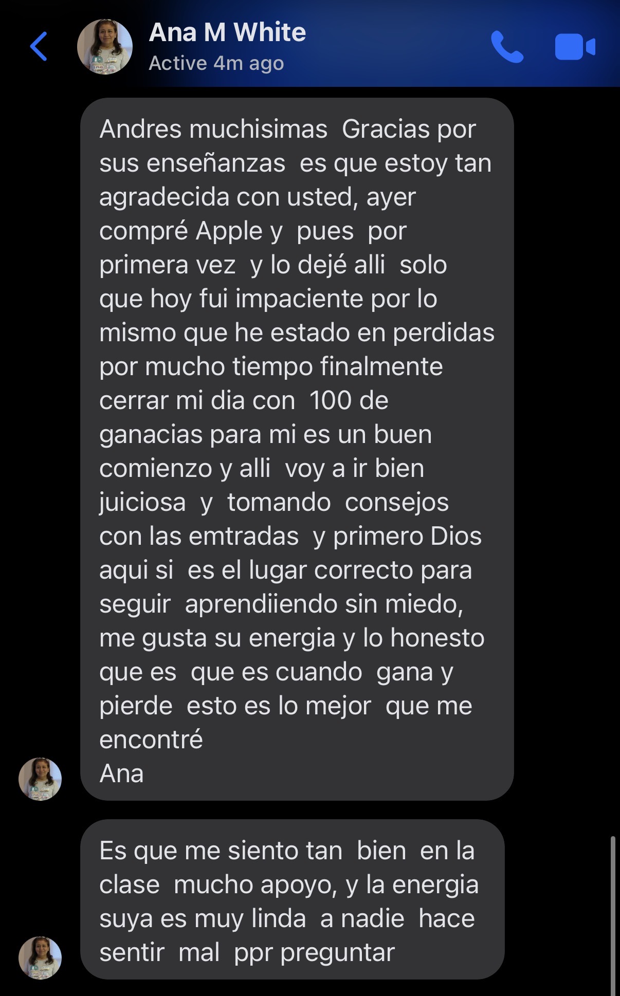 Captura del mensaje de Ana agradeciendo las enseñanzas recibidas