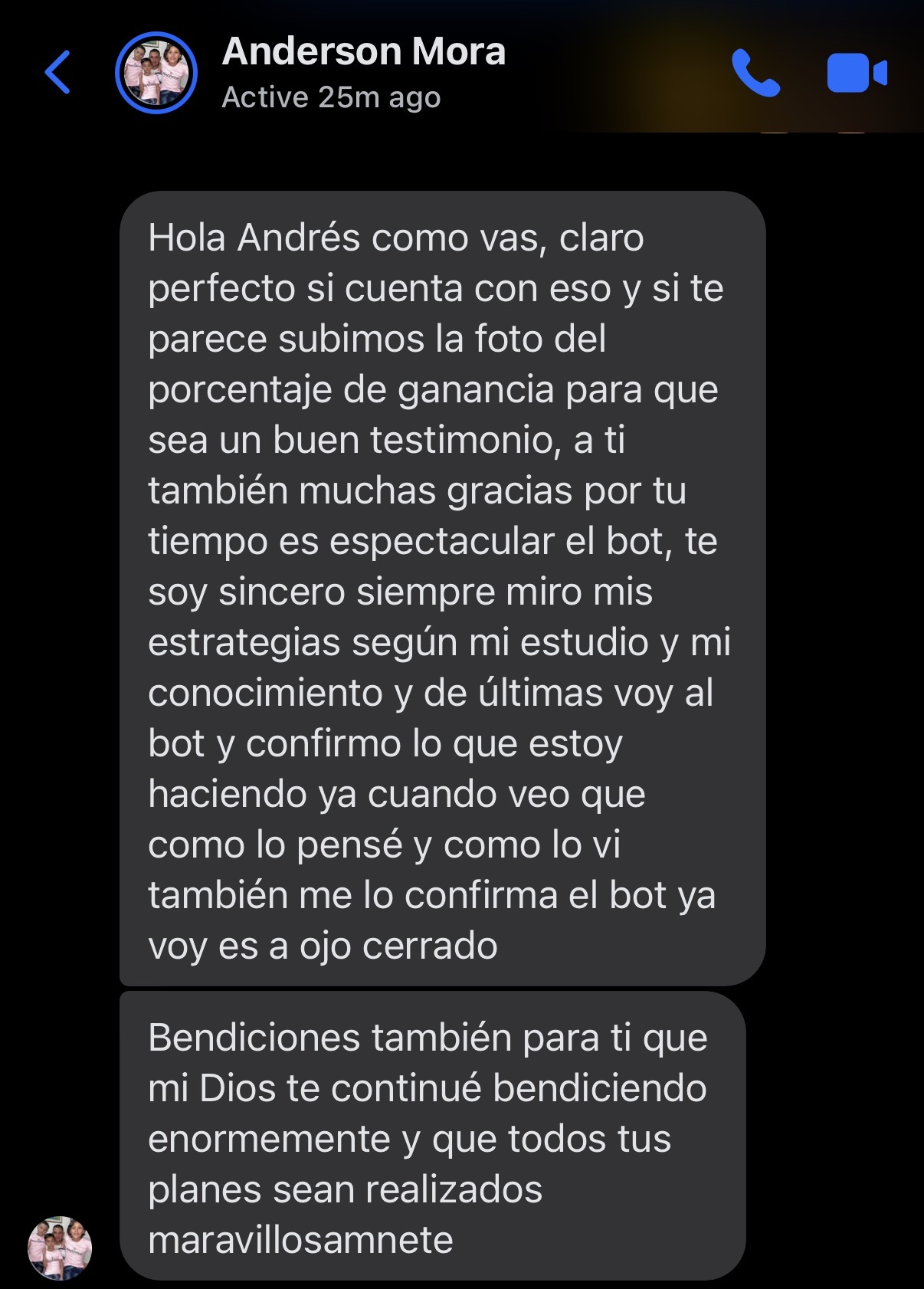 Captura del mensaje de Anderson Mora sobre cómo utiliza el bot para confirmar su análisis