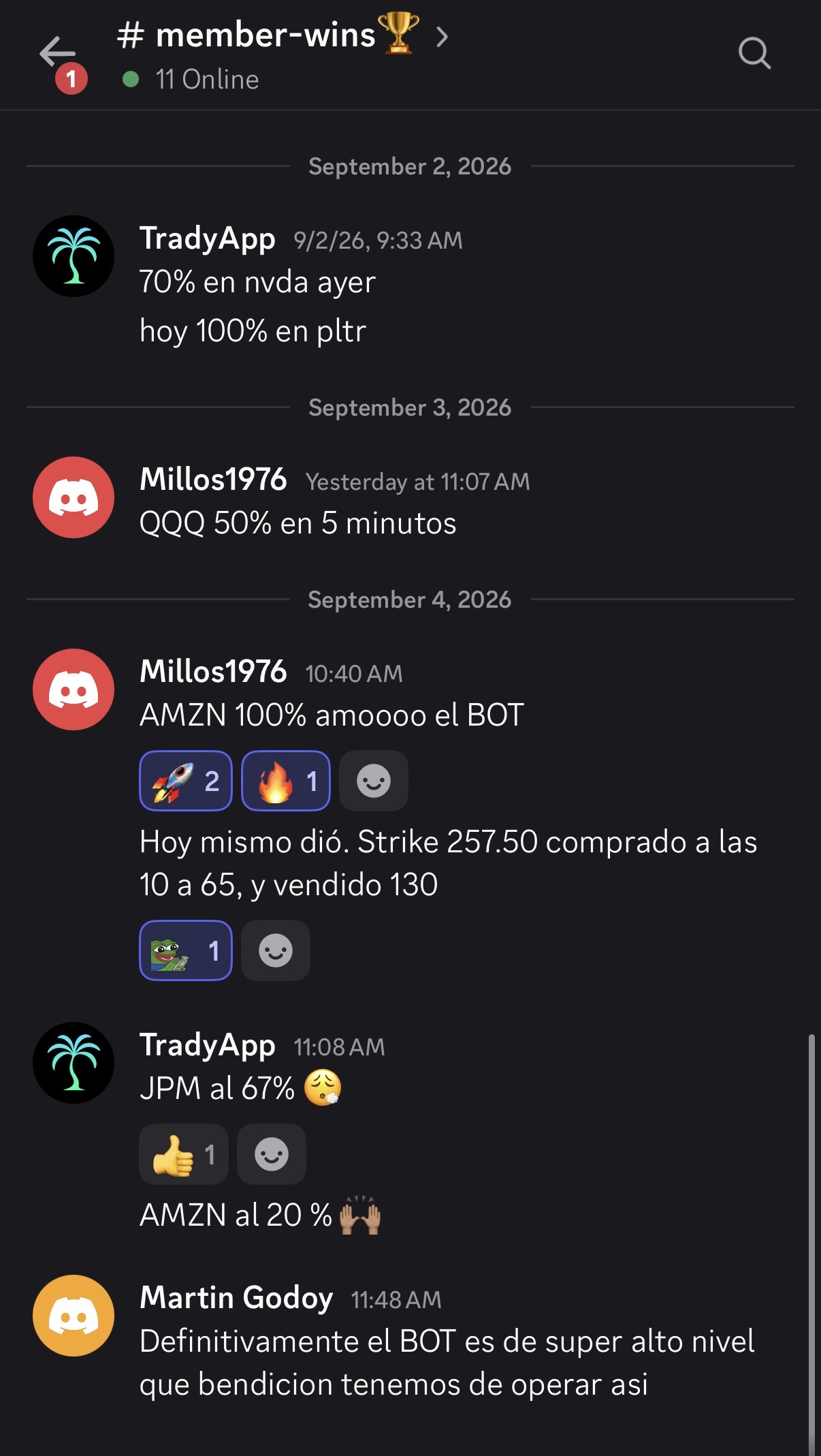 Captura de mensajes de la comunidad compartiendo resultados de mercado