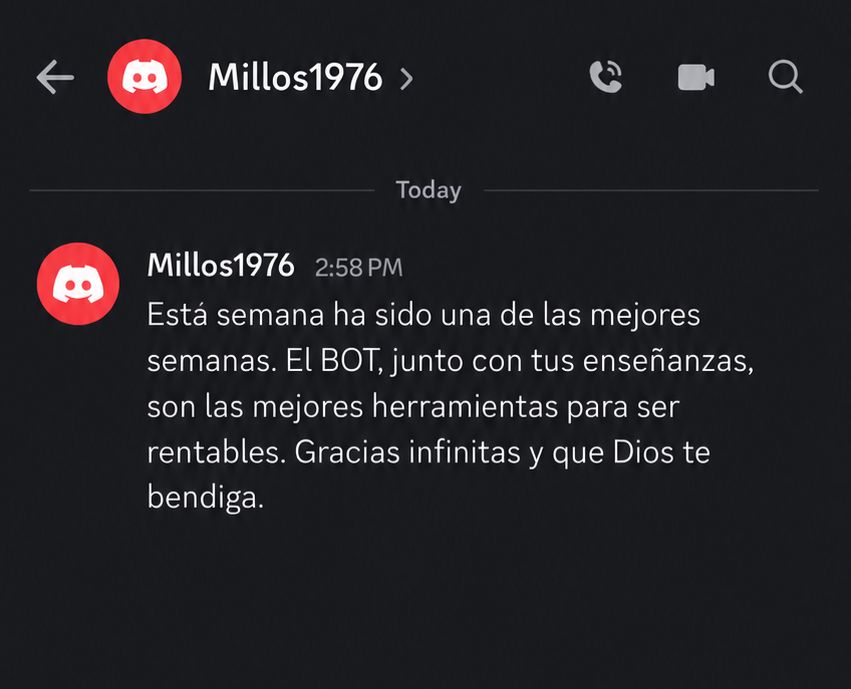 Captura del mensaje de Millos1976 agradeciendo el bot y las enseñanzas recibidas