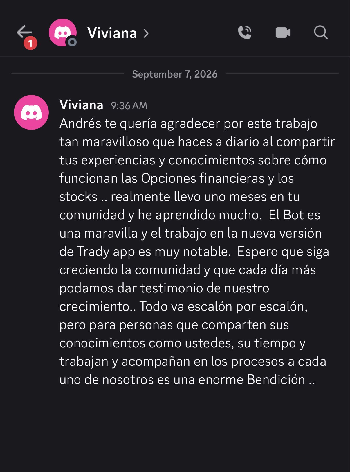 Captura del mensaje de Viviana agradeciendo la enseñanza, el bot y el acompañamiento de la comunidad